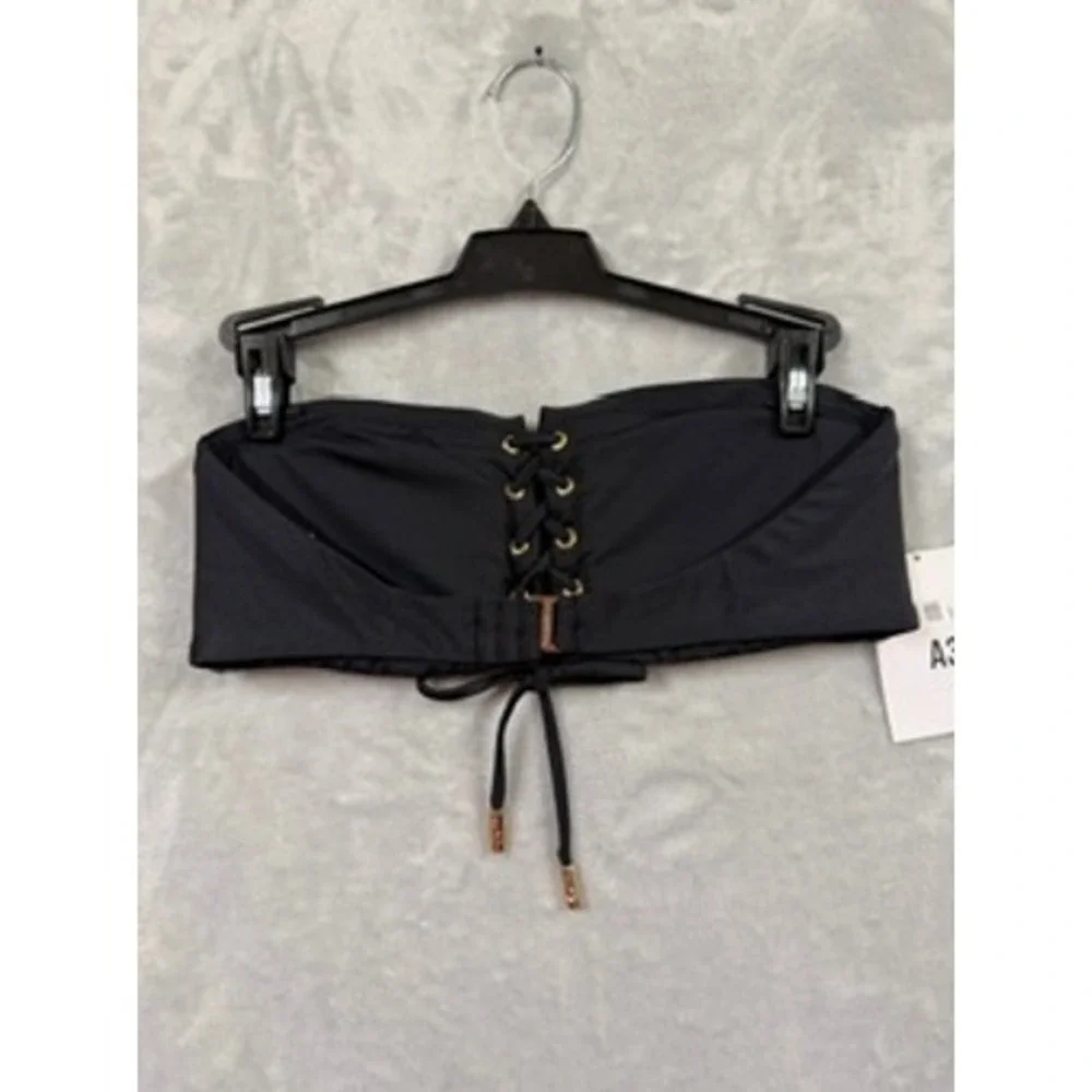 NWOT Red Carter Bikini Top Women Black Lace Up Bandeau Strapless Swim M $70